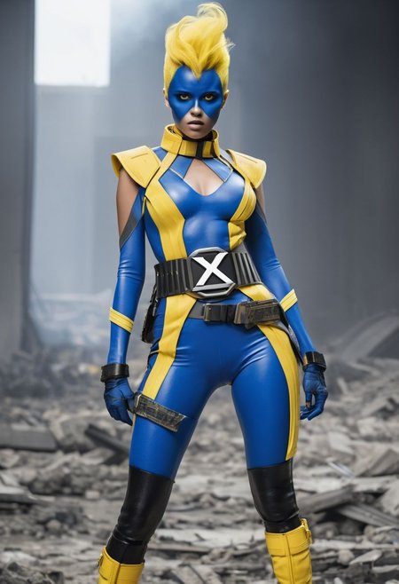 1girl, fashion, high quality photo, Runway fashion, beautiful model, striking features, strange outfit colored blue yellow and black, X-Men logo belt,sfw, battle stance, glowing eyes, battlefield, burning rubble