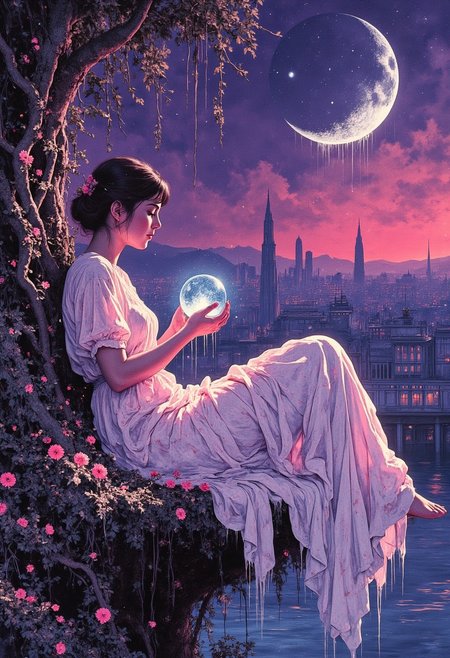 mythp0rt, ArsMJStyle, FFAIM, impressionism, style is detailed and epic, A young woman reclines on a floating platform of soft, glowing moss, her body bathed in ambient pink and cyan light. The world around her is a dreamscape—twisting vines with bioluminescent veins curl toward the sky, their colors shifting subtly, as if breathing. The air is filled with tiny drifting petals, illuminated from below by a vast city of distant neon lights, reflected in the smooth, glass-like water beneath her.
She holds a delicate glass sphere in her hands, inside which a miniature galaxy swirls, stars flickering as if responding to her touch. Her dress is translucent, catching the surrounding hues like stained glass, making her form seem both solid and ephemeral. Her eyes glow softly, mirroring the cosmic light from the sphere. Above, the sky is a deep, inky purple with a crescent moon that appears to be dripping silver liquid, forming constellations as it falls. There’s a stillness, yet an underlying movement—like the entire scene is on the verge of shifting into something new.