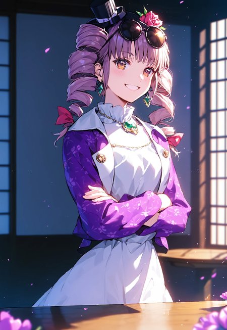 1girl, solo, yorigami jo'on, (drill hair:1.2), (eyewear on head:1.3), (white dress:1.4), (facing camera:0.8), natural pose, (light entering from left:1.5), (Japanese-style temple:1.5), (vibrant flower garden:1.2), (character's left shoulder closer:1.3), (thick paint style:1.4), (facing down shyly:1.1), (blushing:0.7), (jewelry:1.3), (white dress:1.4), (purple jacket:1.1), (shy:1.1), (nervous smile:0.7), (head tilted clockwise:1.3), (shoulders slightly hunched:1.2), (sliding doors:1.4),  (blurred temples in background:0.9), (arms resting on table:1.5), (hands resting firmly on table:1.2), (arms on table:1.6), (no hand movement:1.3), (crossed arms on table:1.6), (head slightly tilted:1.3), (furrowed brows:1.4), (mouth slightly open with smile:1.3), (embarrassed:0.7), (looking at the camera:1.6), (playful yet uncomfortable expression:0.8), (slight shoulder shrug:1.3), body leaning slightly forward, temple room with sliding doors half-open, colorful flowers outside, other distant Japanese buildings blurred, (pre-dawn light:1.3), (soft twilight glow:0.6), (dim natural lighting:1.3), (light entering from window:1.3), (subtle shadows:1.2), (ambient twilight:1.5), (early morning atmosphere:1.6),  (high contrast:1.3), (soft shadows:0.3), (cool lighting:1.2), (noir photography:1.2), (vivid colors:1.1). <lora:char-joon:1>