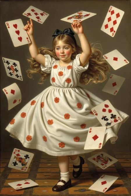 jldavid1 painting
A scene from "Alice's Adventures in Wonderland." The central figure is a young girl, Alice, with long, flowing brown hair, wearing a white dress adorned with small red flowers. She appears to be in mid-motion, as suggested by her raised arms and the scattered playing cards flying around her. The cards are a mix of hearts, diamonds, clubs, and spades, which are depicted in a chaotic, swirling pattern around her <lora:jldavid1_cap_d6a3:1.0><lora:815774943045316723:0>