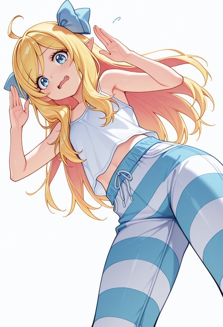Smooth Quality,masterpiece,very intricate, high quality details, ultra realistic, high detailed skin,detailed enviorement,absurdres,
vulcan salute,
 <lora:Jashin-chan_CNR:0.8> jashin_cnr, 1girl, blonde hair, long hair, ahoge, blue eyes, pointy ears, fangs, hair ribbon,legs,, simple background, white background, from below,solo,, wavy mouth,, tank top, camisole, ,tank top, camisole, ,striped pants,  ,