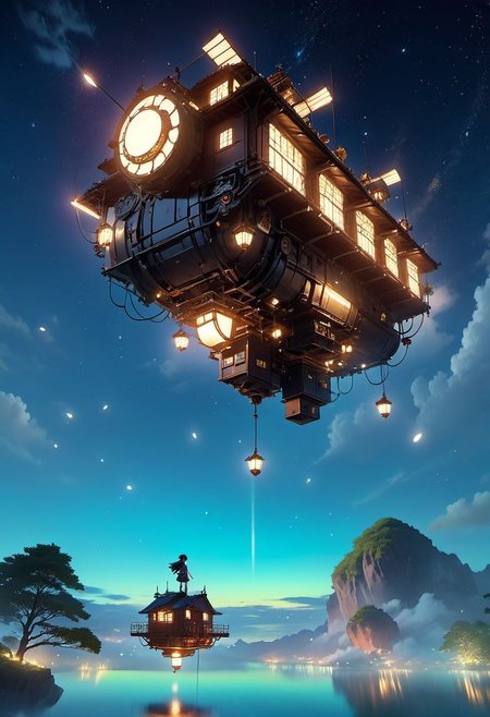 WLOP art style, Ghibli style, outdoors, The island floating in the air, robot metal mechanical machinery, Turn mechanical gears, human, bulding night, meteor star aurora , (low light), top-down view, firefly -ar 9:16, high saturation, high contract