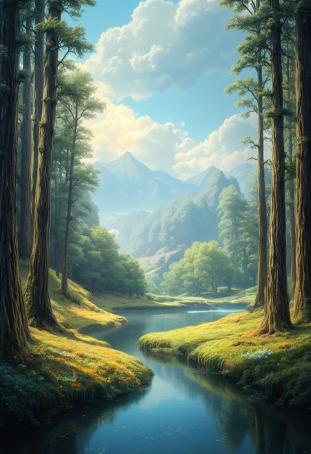 ( Soft colors and dreamy morning landscape), beautiful in the forest, A narrow river, beautiful view, full of beautiful flowers, sunrise sky, beautiful clouds, dappled sunlight, 
A wonderful waka-like landscape, 
I can see the mountains in the distance, 
depth of field, masterpiece, best quality, ultra-detailed, very aesthetic, illustration, perfect composition, intricate details, absurdres, moody lighting, wisps of light, no humans,