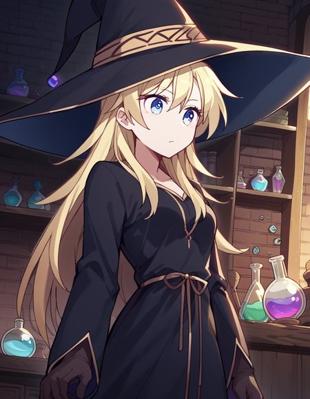 score_9, score_8_up, score_7_up, source_anime, <lora:kou-yagami-s2-ponyxl-lora-nochekaiser:1>, kou yagami, long hair, blue eyes, blonde hair, medium breasts,, <lora:wizard-ponyxl-lora-nochekaiser:1>, wizard, wizard hat, robe, dress, long sleeves, gloves,, indoors, bricks, potion, flask, vial,, cowboy shot,, , dutch angle, cowboy shot