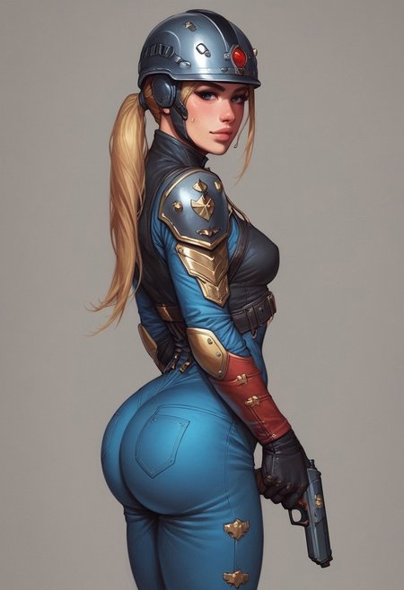 score_9, score_8_up, score_7_up, highly detailed, painting, girl,flat breasts, helmet, long black ponytail, standing, black mcnm, luminescent futuristic screen, wide hips, giant fat ass, tight hips rating_questionable, BREAK best quality, masterpiece, e621, digital_art
(((full-clothed))), ((long big pistol in hands, handgun in hands))
BREAK 
strange world background score_9, score_8_up, score_7_up, score_6_up, source_cartoon, rating_explicit, Expressiveh, (((((portrait))))), dynamic pose