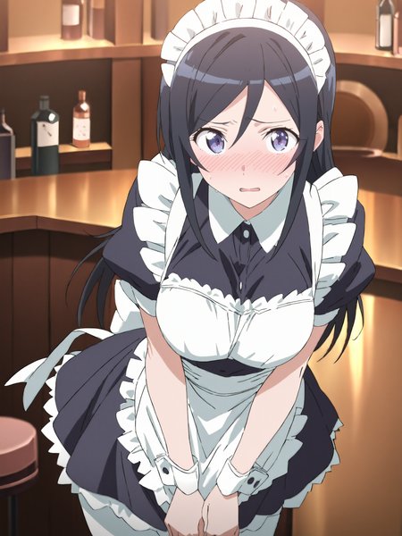 masterpiece, high score, great score, absurdres, anime screenshot, anime coloring,  <lora:Char-Aragaki_Ayase-V1-SDXL:1:hr=0.7>, 1girl, aragaki ayase, solo, maid, maid headdress, maid apron, embarrassed, white pantyhose, open mouth, blush, parted lips, looking at viewer, cowboy shot, bar \(place\), indoors, depth of field