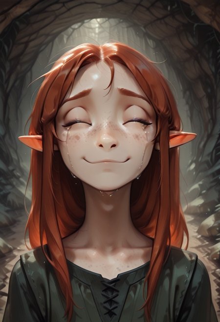 1person, Lapanya, Malgha, freckles, short-sleeved green tunic,
Closed eyes, closed mouth, small smile, happy, crying, chin up, 
Close up, front view, detailed face,
Underground, organic cavern,
High quality, masterpiece,