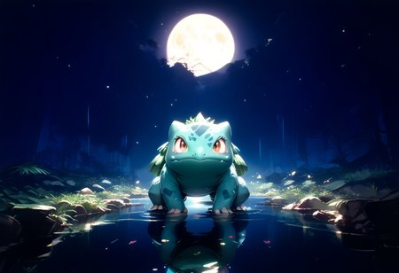 masterpiece, score_9, score_8_up, score_7_up, score_6_up, high contrast, detailed, low light, dramatic lighting, darkness, (water, reflection), intense shadows, super wide shot, cinematic, night, moon, nebula, stars, Bosstyle, girl with bulbasaur, Venusaur in background