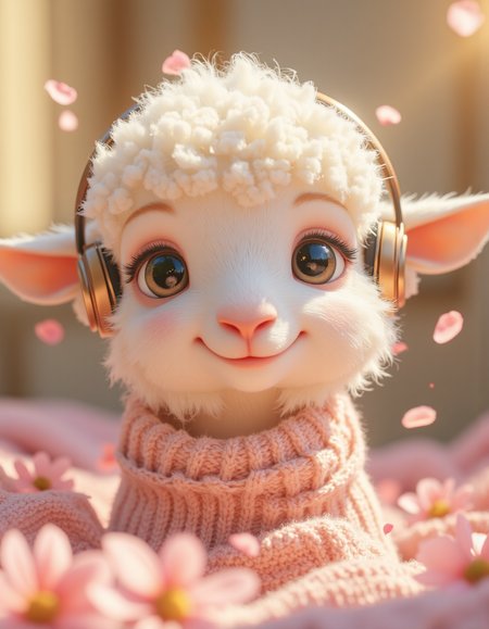 a cute and sweet pixar style white fairy baby sheep, sweet smile, small Peach blossoms around, wearing a big headphone, smile, enjoying music, In the background is the bright bedroom, clean sunshine, enchanting, hairy, shiny mane, petals, fairy tales, wearing a pink sweater, incredibly high detail, Pixar-style, bright colors, natural light, aidmaMJ6.1, HKMagic, <lora:aidmaMJ6.1v0.4:0.6>, <lora:FantasyWizardWitchesFluxV2-000001:0.8>