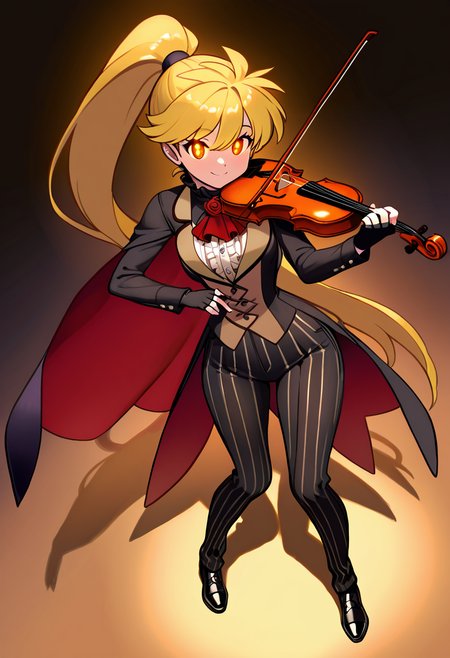 masterpiece, best quality, solo, curvy, beautiful eyes, narrow waist, wide hips, 1girl, solo, smile, looking at viewer, dynamic angle, foreshortening, close up,    zzYellow, brown eyes, blonde hair, long hair, ponytail, bangs,  , <lora:YellowPokemon_NAI:1.0>, [Midnight Violinist], black tailcoat, ruffled high-collar shirt, silver-button waistcoat, formal cravat, silk pocket square, pinstripe trousers, polished dress shoes, fingerless gloves, rose brooch, long flowing cape, antique violin, moonlit performance stage, melancholy expression, red-glowing eyes,