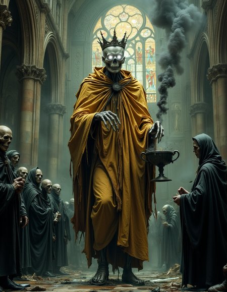 The Hollow Saint of the Withering Light A towering skeletal figure, draped in tattered golden vestments, walks through a cathedral swallowed by decay, his glowing white eyes burning with an unnatural radiance. His crown of broken halos floats above his skull, flickering like dying embers. Around him, faceless monks, wrapped in shadowed robes, kneel in silent reverence, their forms flickering between existence and nothingness. The stained-glass windows, once depicting divine triumph, are now shattered and bleeding light, their broken shards levitating midair as if frozen in time. His bony hands cradle a cracked censer, releasing thick black smoke that coils like living tendrils, whispering forgotten prayers to gods that no longer listen. The atmosphere is haunting, divine, and sorrowful, portraying a saint who has outlived both his faith and his gods.
<lora:dark-fantasy-flux:1>