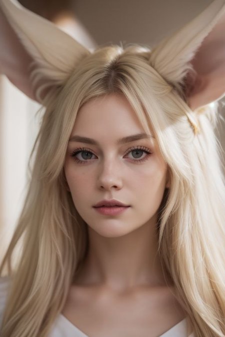 girl, crawling, platinum blonde, albino, eyes close-up, looking up, portrait, white loose summer dress, selfie, big hair, messy hair, huge very long silky fennec ears, animal ear fluff, fox tail, depth of field, big eyes with long white eyelashes, white eyebrows, round rich parted lips, freckles frecklesv1, curious, sun from above, illuminated, lora:extendeddownblouse_v10:1>