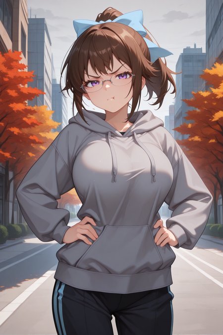 masterpiece, best quality, 1girl, solo,  <lora:kikaijimamogana-illu-nvwls-v1-000006:1> kjmmg, brown hair, short ponytail, purple eyes, glasses, hair bow, light blue bow, large breasts, grey hoodie, black track pants, pout, annoyed, looking at viewer, hands on hips, grey sky, city street, autumn