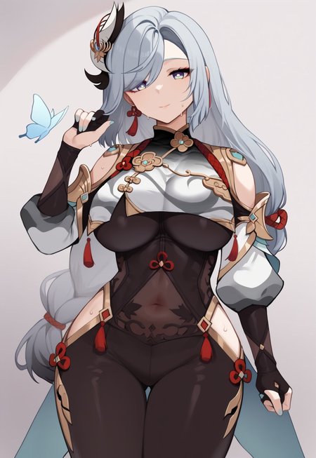 safe_pos, score_9,score_8_up,score_7_up,<lora:shenhe:1>,1girl,absurdres,bare_shoulders,black_bodysuit,black_gloves,blue_butterfly,blue_eyes,breast_curtain,calamity_queller_\(genshin_impact\),covered_navel,expressionless,eyelashes,eyes_visible_through_hair,floating_hair,gold_trim,hair_between_eyes,hair_ornament,hair_over_one_eye,hand_up,highres,hip_vent,kuji-in,looking_to_the_side,low-braided_long_hair,low-tied_long_hair,shenhe_\(genshin_impact\),sidelocks,single_braid,single_earring,solo,swept_bangs,tassel_earrings,thighs,very_long_hair,white_hair, large breasts, horny expression, aroused expression, sweaty, steamy, smile, cleavage, large cleavage, revealing cleavage