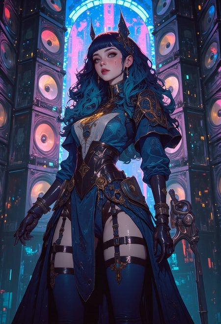 A hyper-detailed **anime-style digital illustration** of a **stunning woman with long, flowing deep violet hair and sharp bangs**, her **golden eyes shimmering** with a captivating presence. She wears an **elegant, form-fitting navy and silver outfit adorned with intricate bronze accents**, the luxurious fabric draping gracefully, highlighting her **poised and commanding aura**. Her ensemble features **delicate bronze filigree patterns**, flowing seamlessly into her **dark indigo gloves and midnight blue thigh-high boots**, enhancing her regal and sophisticated appearance. She stands with a **confident, enigmatic stance**, exuding strength and mystique. The background is an immersive **wall of dozens of large, stacked BOX speakers**, arranged symmetrically, their surfaces gleaming under vibrant neon lighting. The setting pulsates with an unseen energy, as if resonating with a silent yet powerful force. The **high-contrast lighting** casts dynamic highlights and deep shadows, emphasizing the **intricate textures** of her outfit and the **reflective surfaces of the speakers**. Her expression is both **serene and resolute**, drawing the viewer into her presence. The fusion of **fantasy and modern elements** creates a unique, striking composition. **8K, HD, HIGH RESOLUTION, MASTERPIECE, AWARD WINNING.**