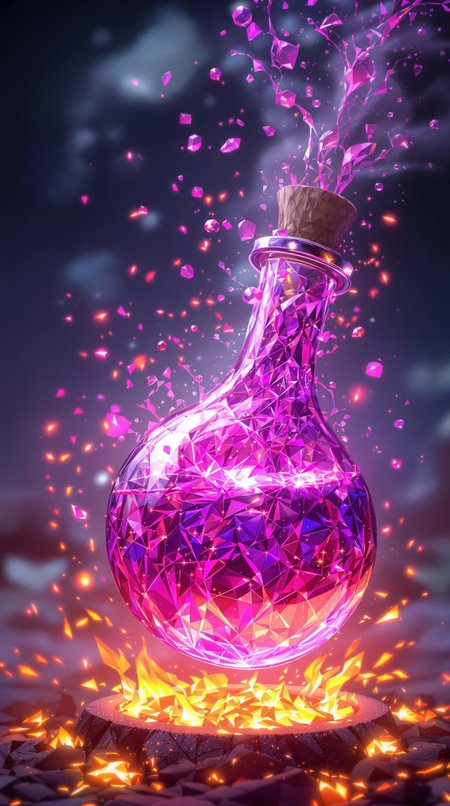 An intricately designed magic potion with vibrant pink and purple colours floating in mid air. Magic glowing embers surround the potion. Render everything in highest detail.