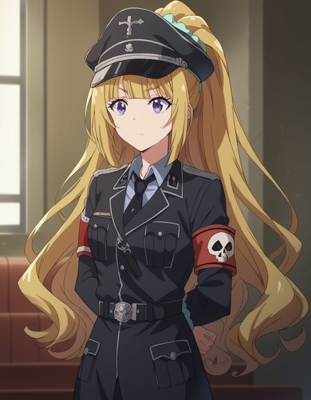 score_9, score_8_up, score_7_up, source_anime, keikaruizawa, <lora:kei-karuizawa-anime-s2-ponyxl-lora-nochekaiser:1>, kei karuizawa, long hair, bangs, blunt bangs, purple eyes, blonde hair, hair ornament, ponytail, scrunchie, blue scrunchie,, <lora:warden-ponyxl-lora-nochekaiser_r1:1>, skull hat ornament, uniform, military uniform, black uniform, hat, cap, black cap, armband, collared shirt, black necktie,, indoors, hands behind back,, cowboy shot,