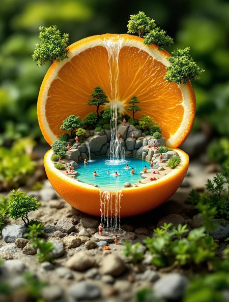 Image is a surreal digital artwork featuring a halved orange, with the top half positioned above the bottom, creating a miniature landscape. Inside the bottom half, a small pond is formed, with water cascading from the top half like a waterfall. The scene includes tiny, detailed figures of people engaging in various activities around the pond, surrounded by miniature trees and rocks. The vibrant orange of the fruit contrasts with the lush green of the trees and the clear blue of the water, creating a whimsical and imaginative scene. emphasizing the central composition of the orange and its miniature world.