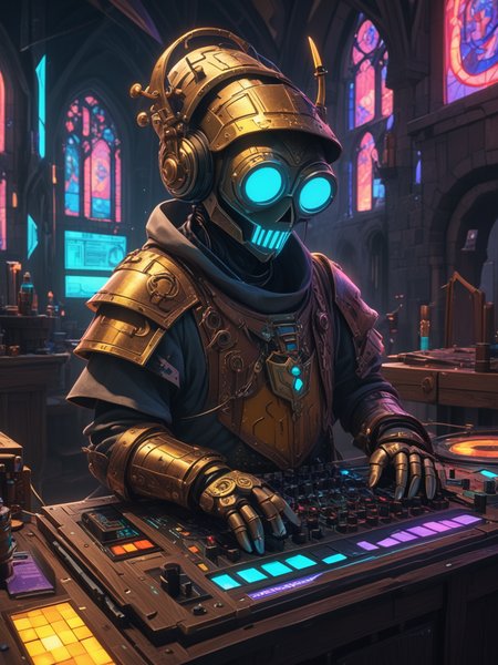 novel medieval cyberpunk, hurdy-gurdy, robotic medieval DJ, score_9, cubism, cinematic light, splash, aesthetic