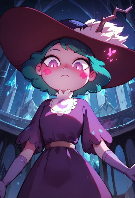 score_9, score_8_up, score_8, Eclipsa Butterfly, green hair, short hair, purple eyes, dark red sun hat with feathers and branch, white cravat, purple dress, light purple gloves, 
upper body, closed mouth, in castle, vivid colors, glowing red spade blush stickers, looking down, from below, night,
