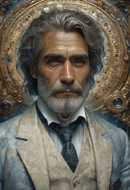 score_9, score_8_up, score_8, score_7_up, score_7, score_6_up, score_6, score_5_up, Score_5, 1man, the watchmaker, A man sitting in front of the spirits of his ancestors, caucasian European male, 40-year-old, wearing a linen suit, a white button down shirt with an ascot, snow white beautiful hair, steely blue-gray eyes, (looking at the viewer), perfectly detailed eyes and facial features, soulful expression, (deep emotion), spiritual, mystical, detailed character design, digital painting, cinematic style, atmospheric lighting, high resolution, (emotional depth), hauntingly beautiful, painstaking attention to detail, insane details, (meticulously detailed and textured skin), 8k resolution, a masterpiece