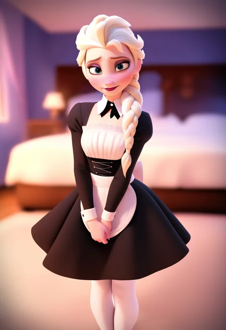 best quality, amazing quality, very aesthetic, absurdres,
BREAK
1girl, elsa \(frozen\), blonde hair, long hair, blue eyes, single braid,
black dress, stockings, maid uniform,
embarassed, blush, solo, looking at viewer, indoors, bedroom background ,   <lora:ElsaNoobXL_byKonan:1>