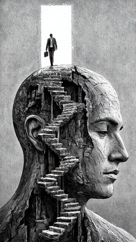 highly detailed black-and-white illustration. The image features a human head in profile, viewed from the left side, with its interior intricately depicted as a winding staircase. The staircase, which appears to be made of stone or metal, spirals upwards towards the top of the head. The texture of the staircase is smooth and polished, with each step clearly defined. At the top of the staircase, a person, also in profile, is seen walking towards a bright, sunlit opening at the back of the head. The person is dressed in a formal suit and is carrying a briefcase, suggesting a professional or business context. The background is a plain, gray wall, adding to the stark contrast between the bright light at the back of the head and the dark interior of the head. The overall style of the illustration is surreal and thought-provoking, blending elements of fantasy and psychology. The use of light and shadow enhances the depth and texture of the image, making it appear almost three-dimensional. The image evokes a sense of exploration and the journey of the mind.,aidmaimageupgrader, aidmaMJ6.1 <lora:aidmaMJ6.1-FLUX-v0.5:0.7> <lora:aidmaImageUprader-FLUX-v0.3:0.4>