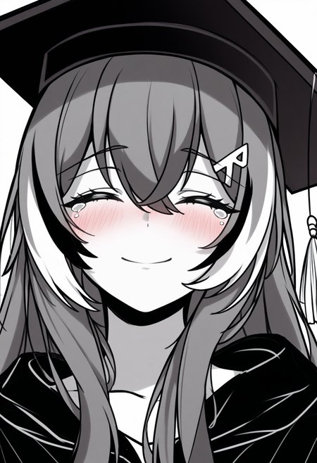 masterpiece, best quality, 1girl, solo, N4nashiMum3i, long hair, streaked sidelocks, hairclip, graduation, mortarboard, black robe, portrait, looking at viewer, head tilt, smile, closed eyes, tearing up, blush, greyscale, spot color, monochrome, lineart, sketch, graphite \(medium\), traditional media, <lora:ChamNanashiMumeiNoob:1>