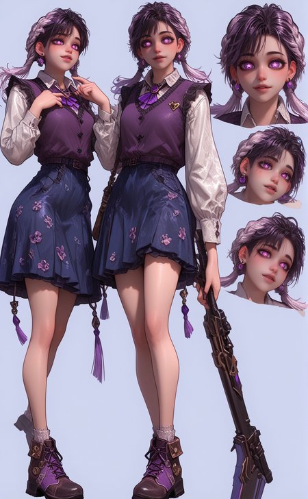score_9, score_8_up, score_7_up, BREAK, detailed background, urban setting,  full body shot, mid range shot
facing forward,
BREAK
1girl, feminine  features, mischievous expression, playful pose, pierced ears,  bright colors, sparkling eyes, 
  <lora:Nao_Toramaru:0.7> nao toramaru, black hair, multi colored hair, white braids, bangs, long hair, star pupils, red eyes, schoolgirl outfit, white dress shirt, 1girl, school uniform, skirt, solo, collared shirt, purple vest, blue skirt, brown shoes
BREAK
A medium shot of her face and torso, showcasing her (full lips) and (bright eyes), highlighting her playful and adventurous spirit. The background features intricate details of the jungle, including (blooming orchids) and (lush ferns), adding depth and vibrancy to the scene, emphasizing the contrast between her human form and the untamed beauty of nature.
made by melkor mancin and rizdraws <lora:cut3ch4rXLP:.7> cut3ch4r, multiple views <lora:Expressive_H:1> expressiveh  <lora:add-detail-xl:3>