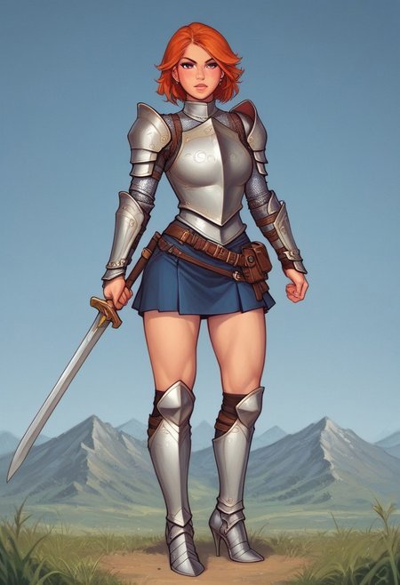 (adult woman), (1girl, company of heroes), (looking at viewer), ((knight, armor, skirt)), freckles, standing, (orange hair, medium hair), (purple eyes), (best quality, high detail), ((masterpiece)), ((ready to fight, holdind big sword in hands)), <lora:1_ino_20e:1>
BREAK 
((field, mountains)) score_9, score_8_up, score_7_up, score_6_up, source_cartoon, rating_explicit, Expressiveh, (((((full body))))), dynamic pose