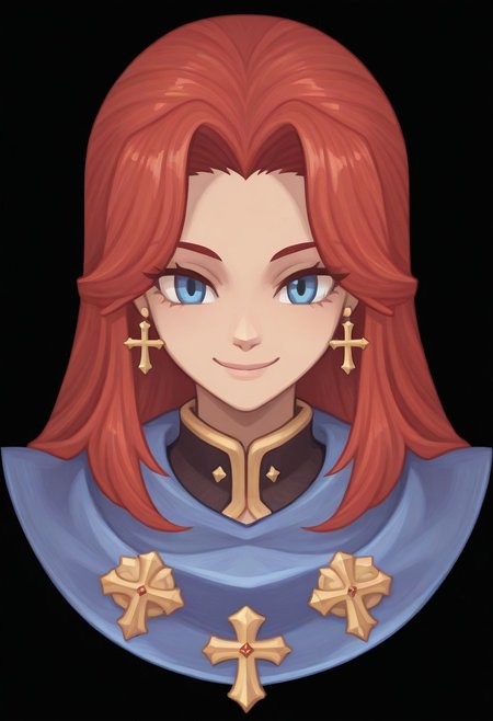 (Black background) <lora:afkArenaIllustrious:1>
afkArenaStyle, 1girl, female, solo, portrait, female focus, red hair, blue eyes, long hair, light skin, smile, looking at viewer, beautiful, blue cloak with gold trimming, cross earrings
Ragnarok online character
ROSPRITE