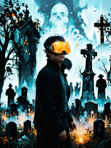 digital illustration of Virtual reality artist sculpting digital landscapes, Silent, foggy graveyard with leaning headstones in the background,,, bl4ckl1ghtxl by rhads, makoto shinkai and lois van baarle, ilya kuvshinov, rossdraws, tom bagshaw, global illumination, radiant light, detailed and intricate environment   <lora:Misty_Vintage:0.5> <lora:xl_more_art-full_v1:0.5> <lora:bl4ckl1ghtxl:0.7>