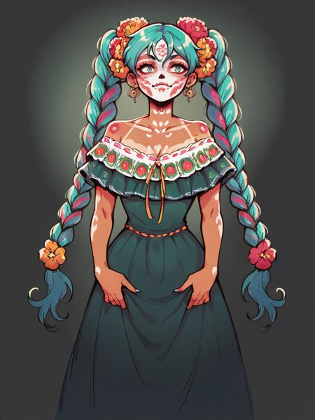 score_9, score_8_up, score_7_up, score_6_up, score_5_up,  <lora:MexicanHatsuneMikuXLP2:0.65> mexican hatsune miku, 1girl, solo, twin braids, multicolored hair, tan skin, curvy, hair flower, (dod, La Catrina face paint, sugar skull face paint), spooky, black background, dress, colourful