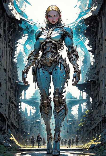 Insanely detailed Divine girl, cyberpunk, Hyper-detailed, Omnipresent, Beautiful, Sinister overtones, Good and Evil clash in the background, Otherworldly, Silhouette contrast, Rebellion against the AI ​​overlords, (the girl rebelled against the AI), Hyper-detailed, Professional poster art, Bold lines, Award winning, Trending on ArtStation, (Intricate details, Masterpiece, Best quality: 1.4), Looking at viewer, Dynamic pose,