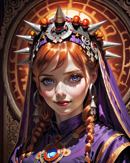 photograph, short lighting, specular lighting, HAL 9000 of Greed, HAL 9000 is cute, Ginger hairstyle, spotlight, and deep purple hue, <lora:Moroccan_Headdress_Ait_Baamrane:0.8> beautiful, traditional, headdress