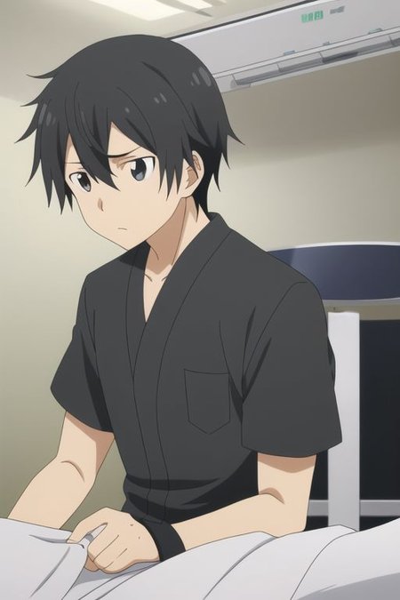 high resolution, professional photography, best quality, 1Boy, Kazuto Kirigaya, Black Hair, Black Eyes, operating room, sick, helpless, patient, hospital, infusion,