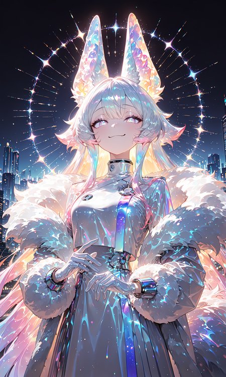 masterpiece, best quality, amazing quality, very aesthetic, absurdres,  newest, volumetric lighting, detailed, detailed background, night city, 1girl, white long dress, gloves, holographic colors, gradient colors, multicolored hair, shiny, long animal ears, fluffy tail, portrait, dutch angle, close up, smug, masterpiece, best quality, amazing quality, very aesthetic, absurdres,  newest, volumetric lighting,