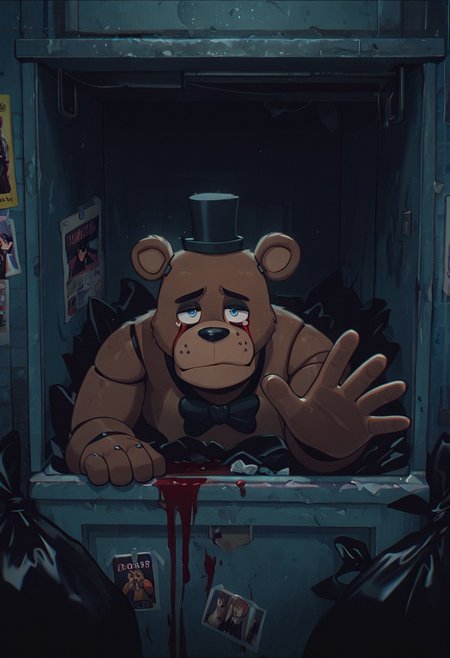 masterpiece, best quality, amazing quality, very aesthetic, absurdres, newest, detailed background,
cartoon, screencap, 
freddyit, 1boy, black mini top hat, black bowtie, bear ears, joints,  animatronic,
inside dumpster, reaching out, covered in blood, sad, closed mouth, frown, dark alleyway, missing posters, trash bags, garbage, blood tears, scard look