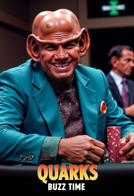 A movie poster for a space casino. A  smiling Ferengi wearing a cyan coloured suit. He looks down onto a poker table with high stacked poker chips. 
The movie title in bold letters: "Quarks"
A the bottom of the image a banner text is displayed in bold futuristic letters: "BUZZ Time"