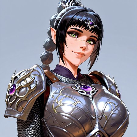 masterpiece,best quality,amazing quality, absurdres, <lora:shadowheart_bg3_ilxl_goofy:1> shadowheart \(baldur's gate\), 1girl, black hair, braid, breasts, elf, detailed eyes, green eyes, large breasts, detailed lips, glossy lips, long hair, looking at viewer, multi-tied hair, pointy ears,scar on face,  simple background, smile, solo, body armor, shoulder pads, ,breastplate, chainmail,