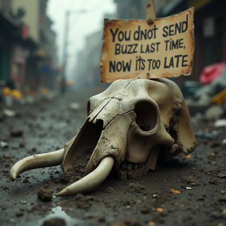 closeup portrait analog photo of an elephant skull in the ground, in a poor street with trash and dirt. The city is in flames and its raining and there are mud. The elephant is dirt. There is a big paper sign saying "You d'not send Buzz last time, now its too late". The eyes have tears of sadness. Photo is a bit blurred