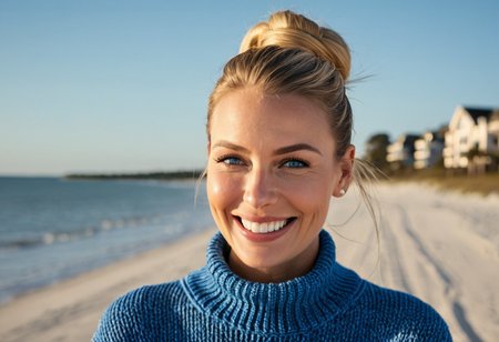 A hyper-detailed, high-resolution (8K) image of a 35-year-old woman with sleek blonde hair tied back, facing the camera;beautiful and perfect  absolutely natural face, not plastic look,wearing an oversized detailed blue knit sweater. Her striking blue eyes gleam with warmth, framed by delicate laugh lines that enhance her inviting charm. subtle wrinkles on her face, natural skin texture. Captured with a wide-angle lens, without distortion. 10 feet away from the lens, enjoying the golden afternoon light. Shot with a Nikon D5300, 50mm lens, f/2.8, ISO 100. Natural sunlight highlights her face and outfit. Background: Hilton Head architecture and the Ocean  in soft focus. Inspired by Peter Lindbergh’s natural elegance in urban travel.