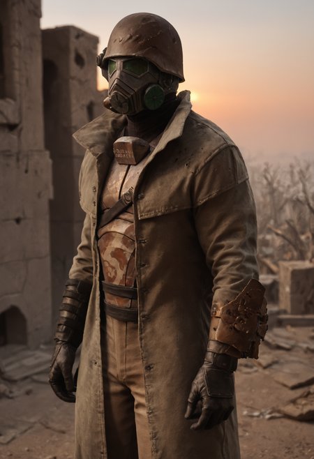 (score_9, score_8_up:1.1), score_7_up, realistic photograph
d3sertranger, helmet, 1boy, (muscular), black gloves, gas mask, front view, night starry_sky sunset city ruins, <lora:desert_ranger_v1.1.6_pony:1>