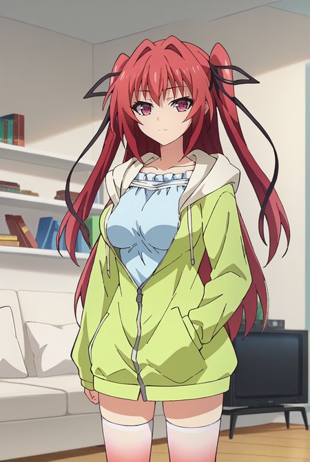 score_9, score_8_up, score_7_up, source_anime,
<lora:ShinmaiMaou_NaruseMioXL_1:0.9>, NaruseMio,
1girl, solo, closed mouth, light smile, 
magenta hair, violet eyes, two side up, hair ribbon, black ribbon,
MioCasual, hooded jacket, green jacket, blue shirt, frills, striped thighhighs, white thighhighs, red thighhighs,
standing, looking at viewer, cowboy shot, facing viewer, thigh gap,
indoors, couch, television, bookshelf