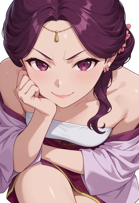 Smooth Quality,masterpiece,very intricate, high quality details, ultra realistic, high detailed skin,detailed enviorement,absurdres,
partially undressed, 
 <lora:Yinghua_CNR:0.8> yinghuacnr, purple hair,  purple eyes,, simple background, white background, from above,
sitting pose, legs crossed, one hand resting on chin, playful smile, relaxed shoulders,  ,scowl,, yukata,  ,cheongsam top,  ,cropped pants,  ,