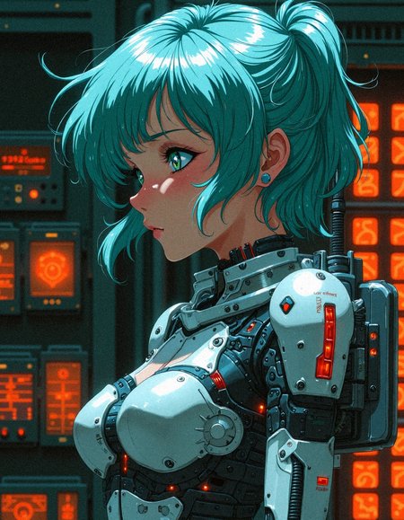 modernretroanime
"An intense cyberpunk anime portrait of a young female cyborg, her wind-swept teal hair contrasting against the dark industrial backdrop. Her mechanical exoskeleton is a masterpiece of fine details, featuring interconnected panels, glowing indicators, and subtle battle scars that highlight her resilience. The red accents on her metallic suit echo the dimly lit control panels in the background, while her cold, determined gaze suggests a deeply personal mission. Fine grain textures and shadows lend a gritty, cinematic quality to the composition."
 <lora:FluxDFaeTasticDetails:0.2> <lora:Modern-Retro_Anime-FLUX:0.8>