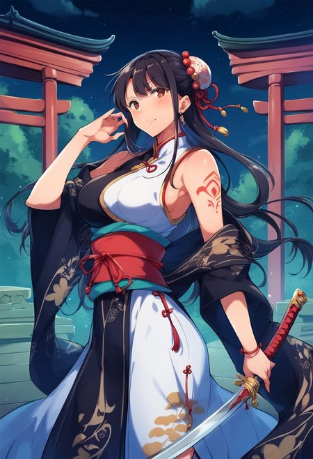 score_9, score_8_up, score_7_up, score_6_up, 1woman, mature woman, (score_9, score_8_up:1.1), score_7_up,
Very long black hair, brown gradient hair, high hair bun, brown eyes, pale skin, medium breasts,  full right arm tattoo, sleeveless_kimono, Chinese attire, detailed background, chinese temple, tough face, night, dynamic pose,  shadows, posing, Standing, holding a sword, dark light, night