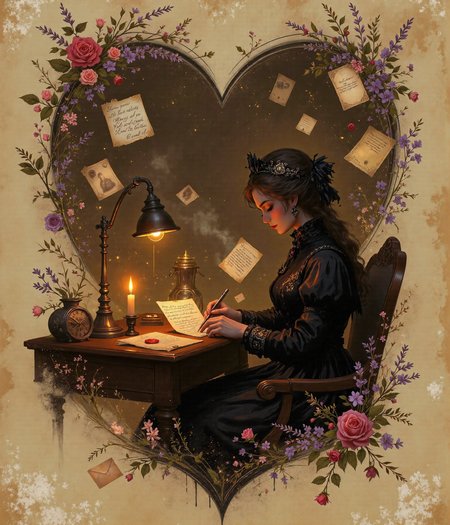 **Subject/Scene:**  
A breathtaking, cinematic depiction of a **romantic time-traveling journey through sepia-toned vignettes, where vintage love stories unfold like a delicate dream**. The scene is infused with the **warmth of nostalgia**, evoking memories of a bygone era filled with **handwritten love letters, pressed flowers, and ornate lace-trimmed valentines**.  

At the heart of the composition, a **woman dressed in 19th-century attire** sits by an old wooden writing desk, illuminated by the golden glow of candlelight. She delicately holds a faded love letter, her gloved fingers tracing the elegant cursive script as if feeling the whispers of a distant romance. A single **red wax seal lies broken beside her**, revealing a message of longing and devotion from an unseen admirer.  

Swirling around her, **fragments of time unravel**—sepia-toned vignettes depicting fleeting moments of love:  
- A **Victorian couple exchanging a stolen kiss beneath an ornate street lamp**, their figures softly blurred like an old photograph.  
- A **soldier penning a heartfelt letter on the eve of his departure**, his ink-stained hands trembling with emotion.  
- A **woman in a flowing gown twirling through a ballroom**, her dance frozen in time like an antique daguerreotype.  
Each scene appears like **delicate, translucent echoes of the past**, suspended in the air like fragments of a forgotten dream.  

Scattered throughout the scene are **classic vintage valentines**, intricately decorated with **lace patterns, embossed roses, and golden filigree**, their delicate paper edges curling with age. Some flutter gently, caught in a **soft, timeless breeze**, while others rest upon the desk, adorned with **delicate dried lavender and pressed violets**—tokens of love carefully preserved across centuries.  

**Background & Mood:**  
The background is **soft and ethereal**, with a **sepia-hued glow that fades into rich, warm ambers and delicate ivory tones**. The lighting is **dreamy and romantic**, casting **gentle shadows that mimic the flickering of candlelight**. The entire scene has the **atmosphere of an old, beautifully preserved memory**, as if glimpsed through the pages of a long-lost diary.  

Faintly in the distance, a **vintage steam train lingers in a misty haze**, symbolizing the passage of time and the journeys of love that transcend generations. Wisps of soft smoke curl through the air, blending seamlessly with the floating vignettes, creating a sense of **fluid, poetic movement**.  

**Art Style & Details:**  
A seamless blend of **hyper-realistic vintage photography and soft painterly elegance**, enriched with **intricate details that feel tangible**—the texture of aged paper, the shimmer of antique gold ink, the softness of delicate lace. The scene is bathed in **a warm, sepia-toned palette**, accented by the occasional **deep crimson of a wax seal or the soft blush of a fading rose**.  

The composition exudes **romantic nostalgia, evoking a deep sense of longing, devotion, and timeless love**. The blend of **realism and fantasy** transports the viewer to a world where love letters hold whispers of the past, and vintage valentines carry the essence of undying romance.  


0P4R7, BlacklightGraffiti, Foggy, xijie_mihuan, anime-style illustration , illustration, fg, shanshui, 0r1t1s, Anaglyph3D, bo-romance, Anime, 3mb3rot, Jedcyb3r, Jedspl4tt,