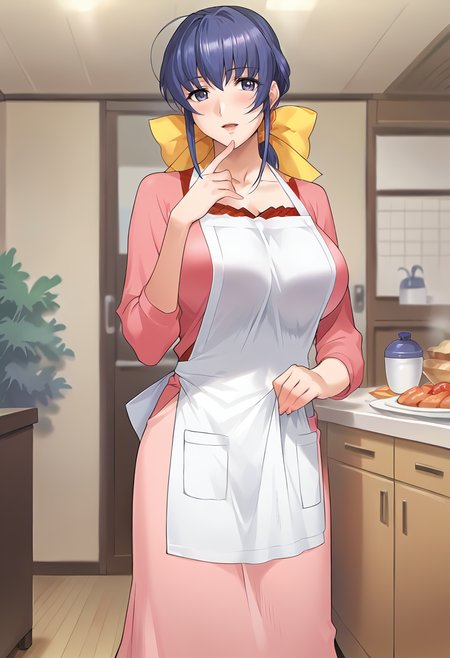 score_9, score_8_up, score_7_up, source_anime, masterpiece, 1girl, ct_haruka, blue hair, hair bow, ponytail, large breasts, pink shirt, long sleeves, apron, light pink long skirt, looking at viewer, indoors, japanese home, hand up,<lora:HarukaOgihara_Pony_ct:0.9>