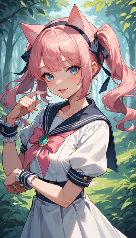 score_9, score_8_up, score_7_up, Anime Style, Portrait, cat girl, cute, seductive, innocent, light smile:0.3, plump lips, slender body, cat ears, high detailed sailor suit, pink hair ribbon:1.2, hairband,, wrist cuffs, twintails, gem, frills, softlight, forest background, depth of field, dynamic angle, fashion photography, sharp, hyperdetailed:1.15